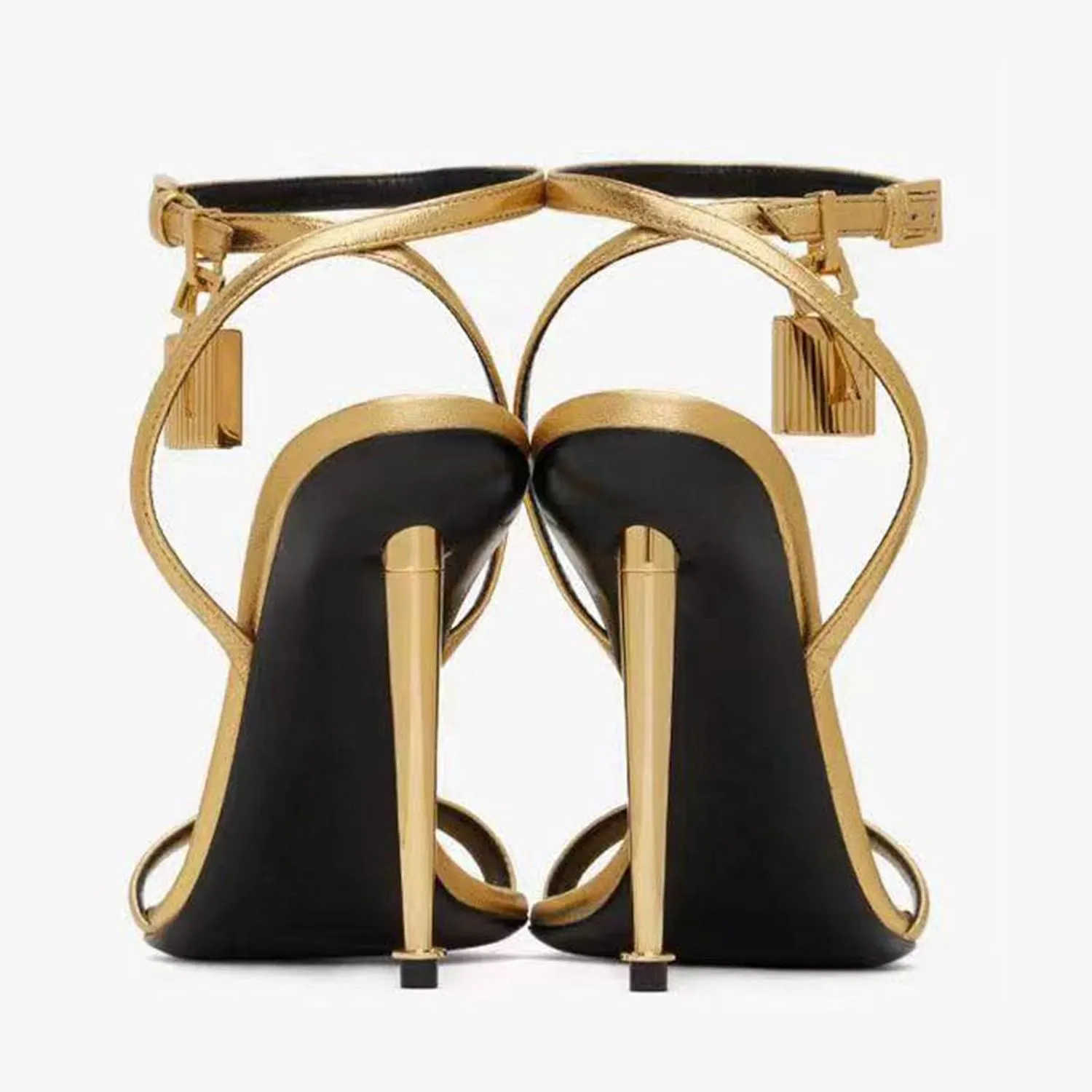 Fashion Pointed Toe Strap Stiletto High Heels Open Toe Large Size Women's Metal Lock Summer Sandals