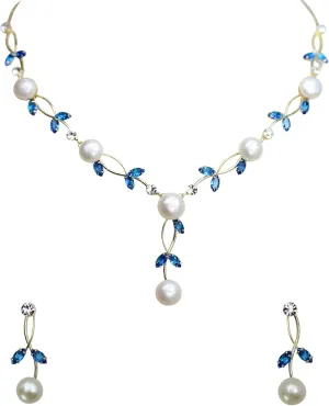 Faship Gorgeous CZ Crystal Genuine Freshwater Pearls Floral Necklace Earrings Set