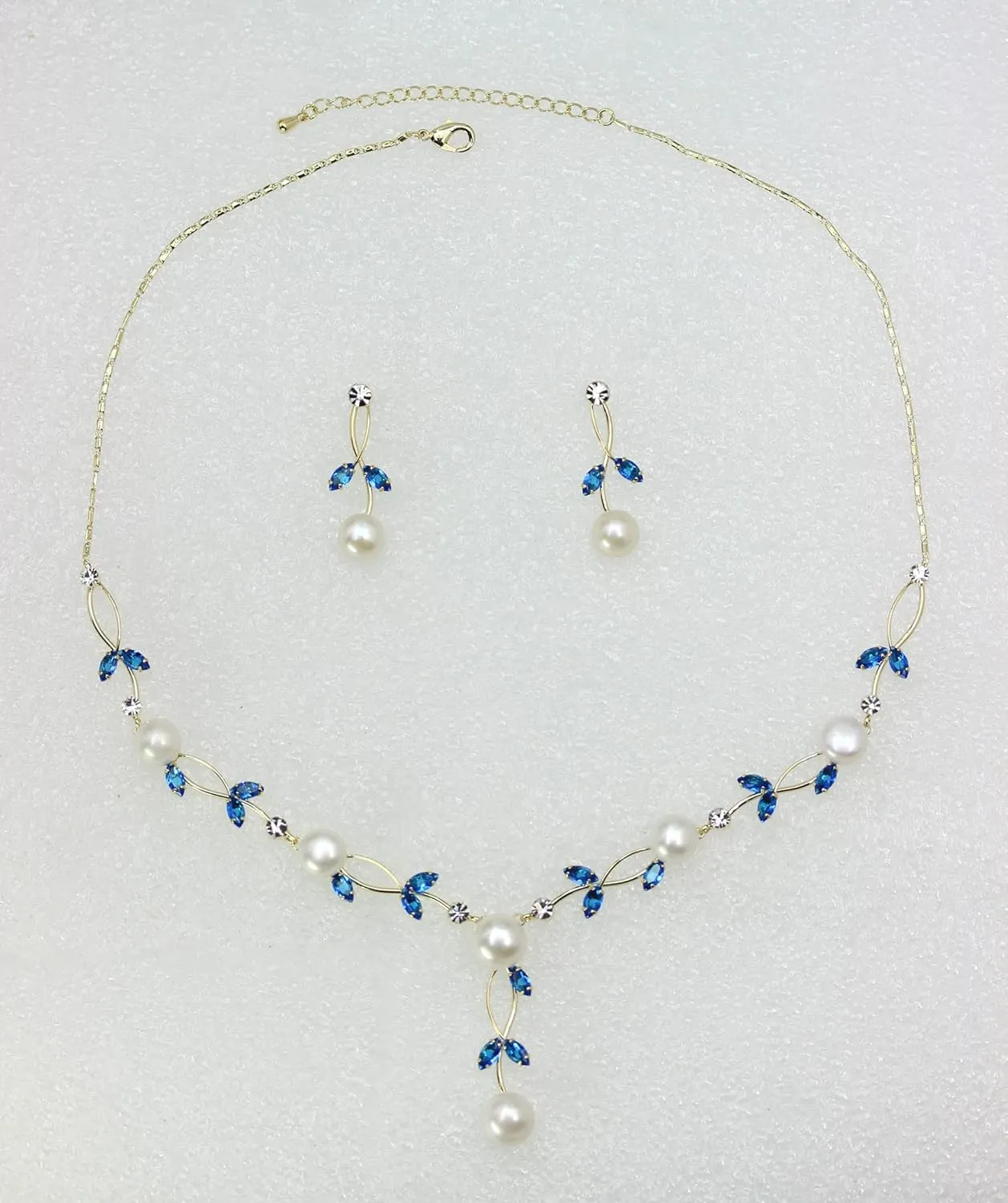 Faship Gorgeous CZ Crystal Genuine Freshwater Pearls Floral Necklace Earrings Set