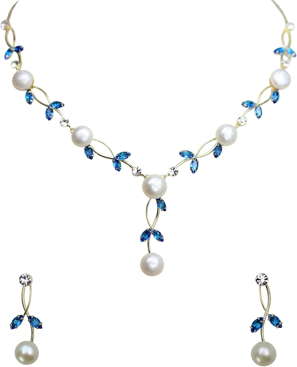 Faship Gorgeous CZ Crystal Genuine Freshwater Pearls Floral Necklace Earrings Set