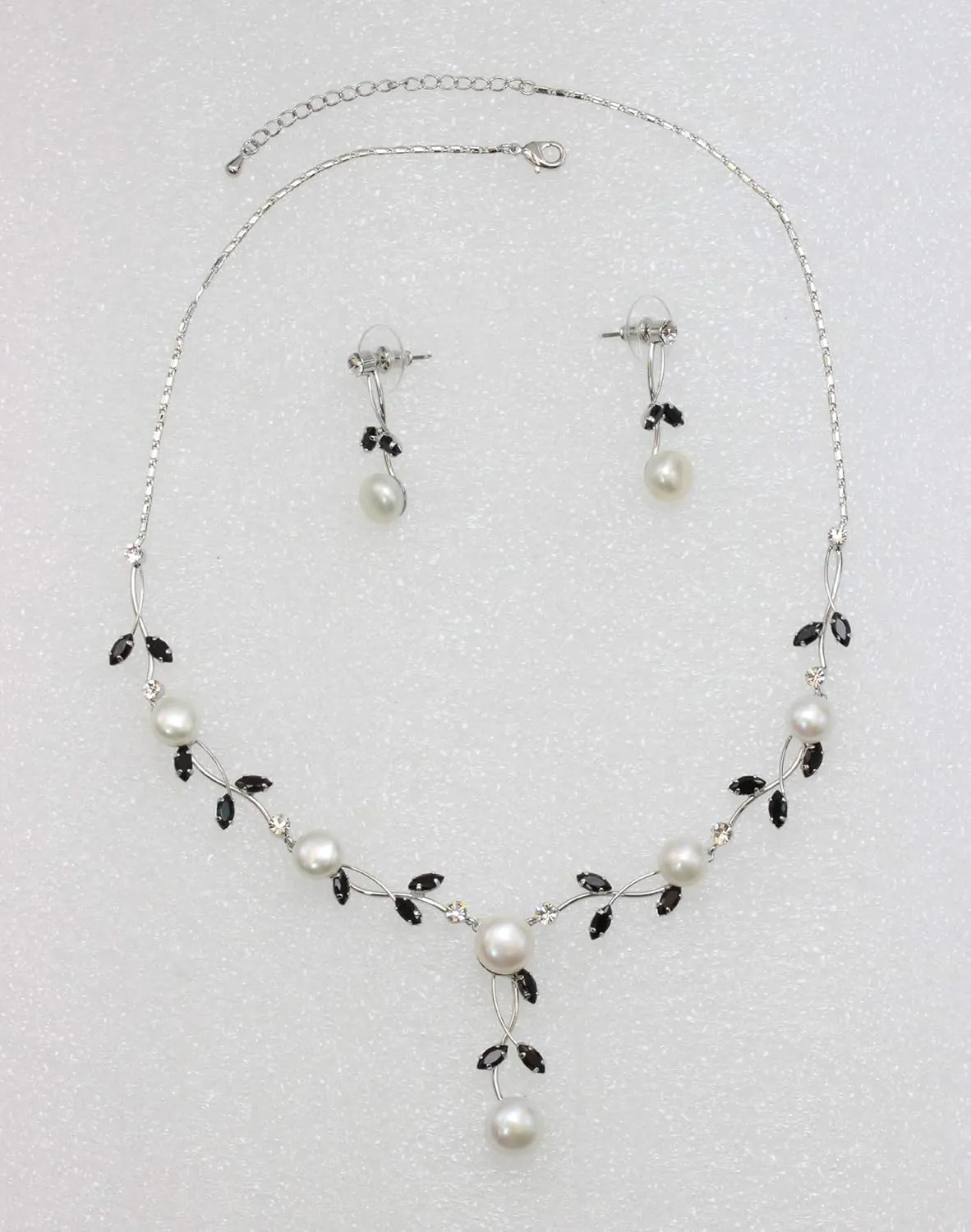 Faship Gorgeous CZ Crystal Genuine Freshwater Pearls Floral Necklace Earrings Set