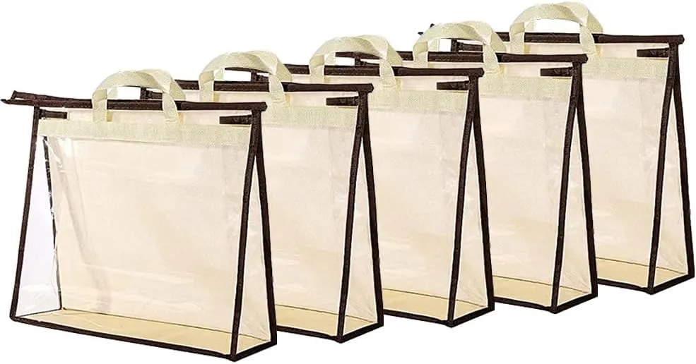 fazhongfa 5 PCS Hanging Handbag Storage Organizer Non-Woven Transparent Dust-proof Homewares Purse Wallet Closet Storage Bag with Zipper and Handle (L)