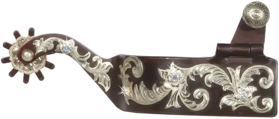 FES Antique Rhinestone Spurs | Adds Bling to Your Ride | Antique Bronze Finish | Engraved German Silver Overlay | 10 Point Rounded Ends | Hinged Spur Button