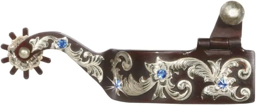 FES Antique Rhinestone Spurs | Adds Bling to Your Ride | Antique Bronze Finish | Engraved German Silver Overlay | 10 Point Rounded Ends | Hinged Spur Button