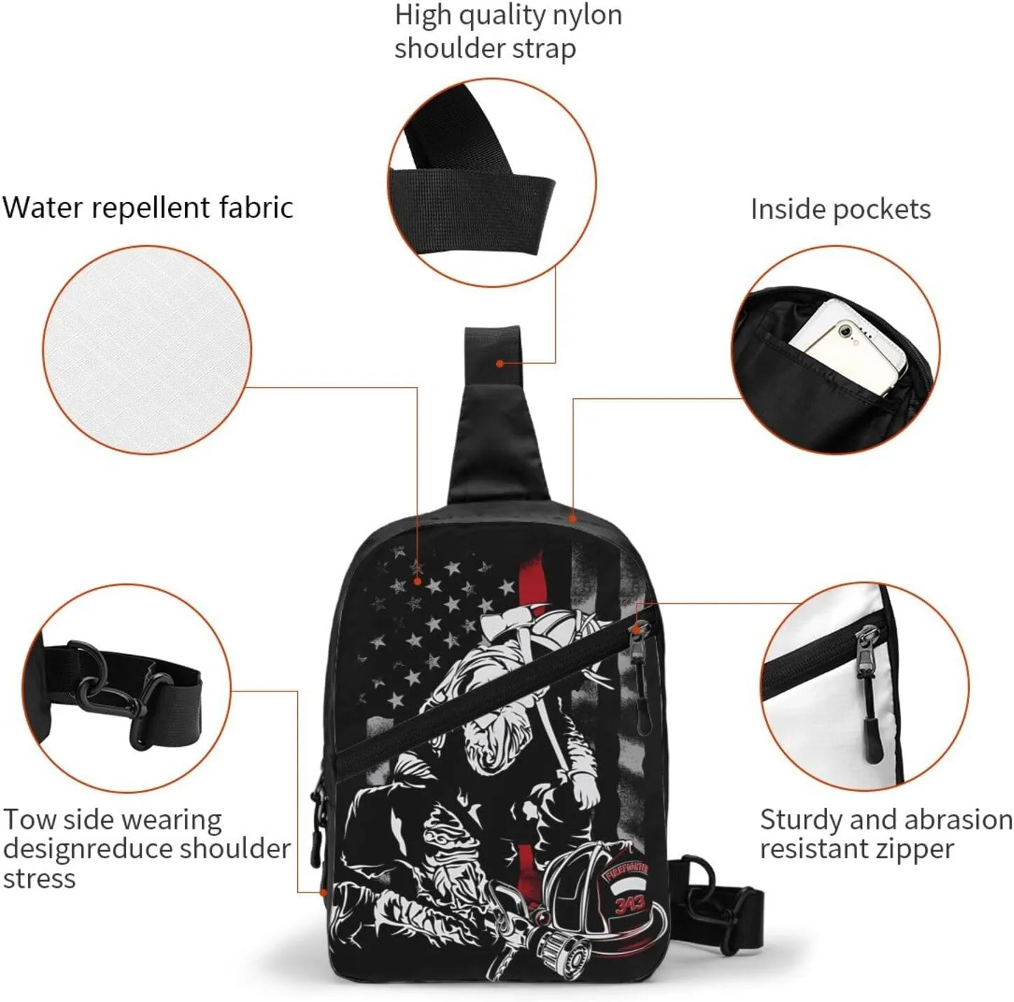 Firefighter American Flag Memorial Never Forget Flag Portable Sling Bags Packable Crossbody Bag Foldable Sport Daypack Reusable Shoulder Backpack Diagonally Chest Bag for Workout Travel