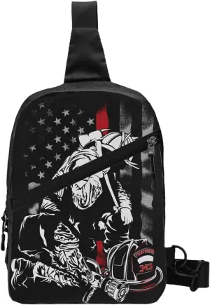 Firefighter American Flag Memorial Never Forget Flag Portable Sling Bags Packable Crossbody Bag Foldable Sport Daypack Reusable Shoulder Backpack Diagonally Chest Bag for Workout Travel