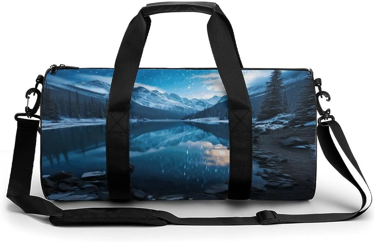 Fitness Bag, Moraine Lake in A Starry Winter Night Print Reusable Gym Bag Sports Travel Fitness Bag Essentials Gym Bag with Shoe Compartment, 17.7in/9in/9in, style