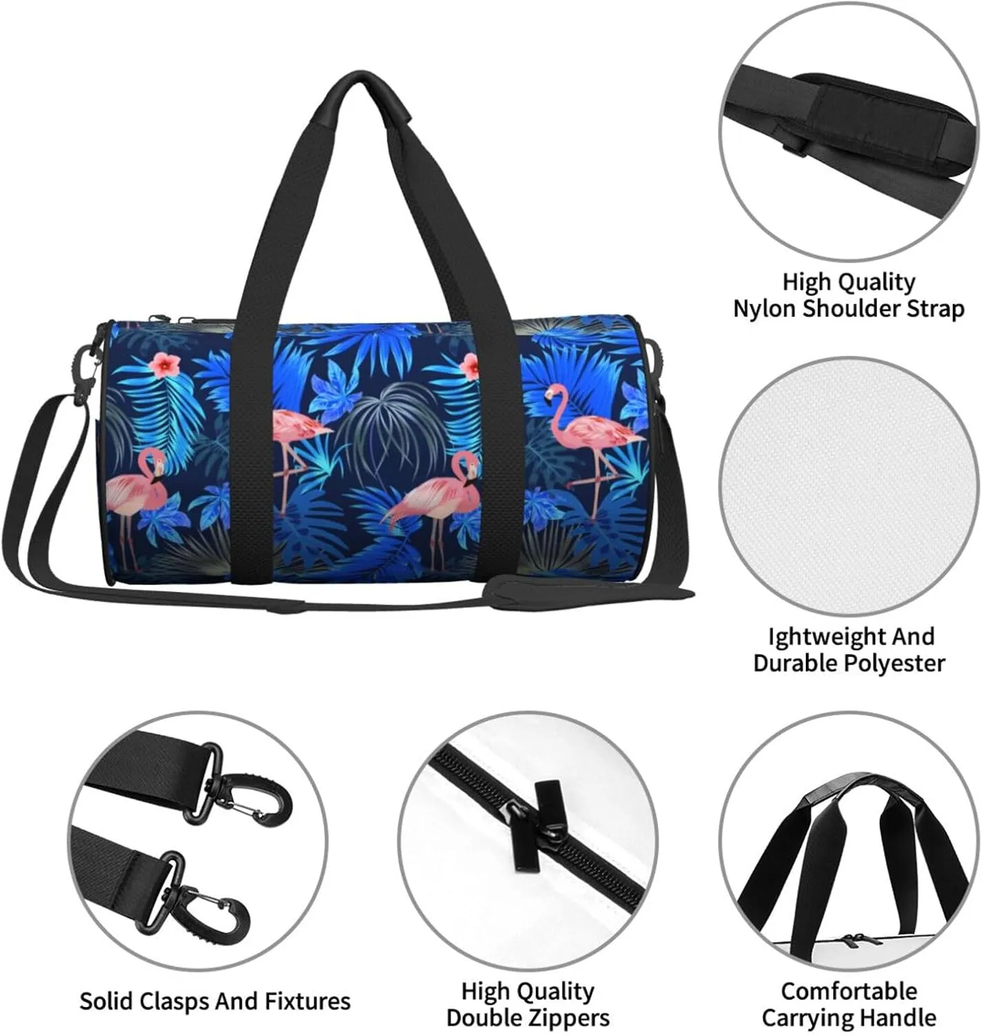 Flamingo Leaves Monstera Tropical Round Travel Duffel Bag Large Capacity Gym Sports Bags for Hiking Vacation Trips