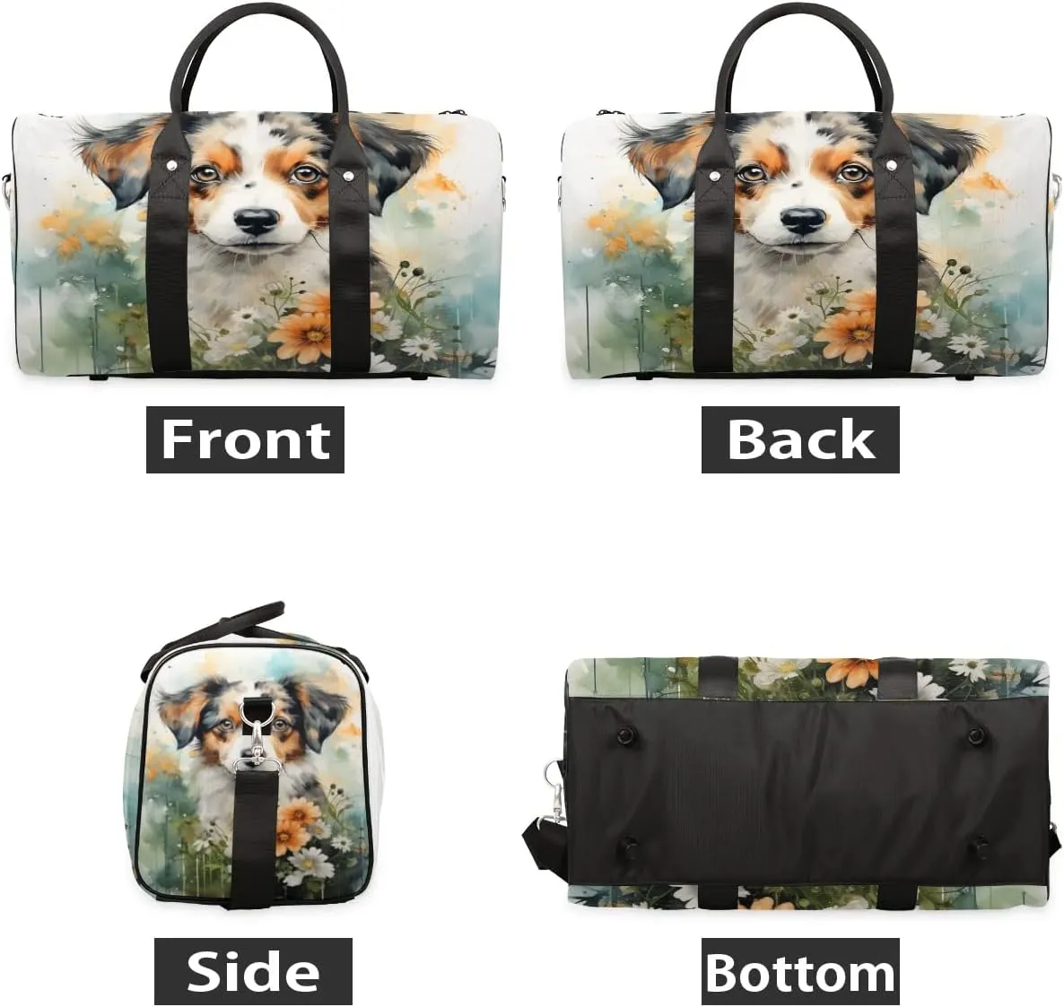 Floral Dog Travel Duffel Bag for Women Men Waterproof Foldable Overnight Weekender Bag Large Capacity Sports Gym Bag