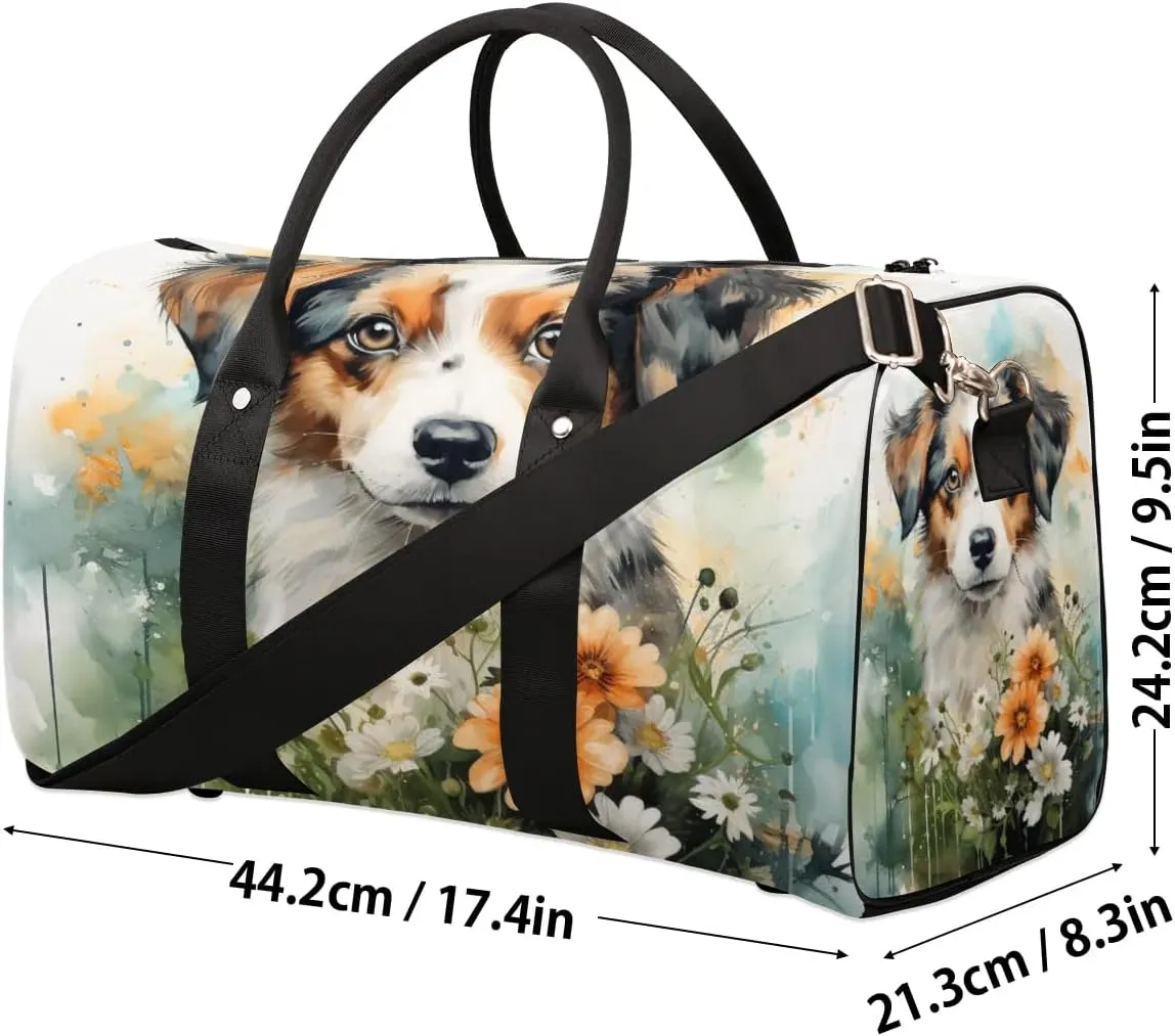 Floral Dog Travel Duffel Bag for Women Men Waterproof Foldable Overnight Weekender Bag Large Capacity Sports Gym Bag