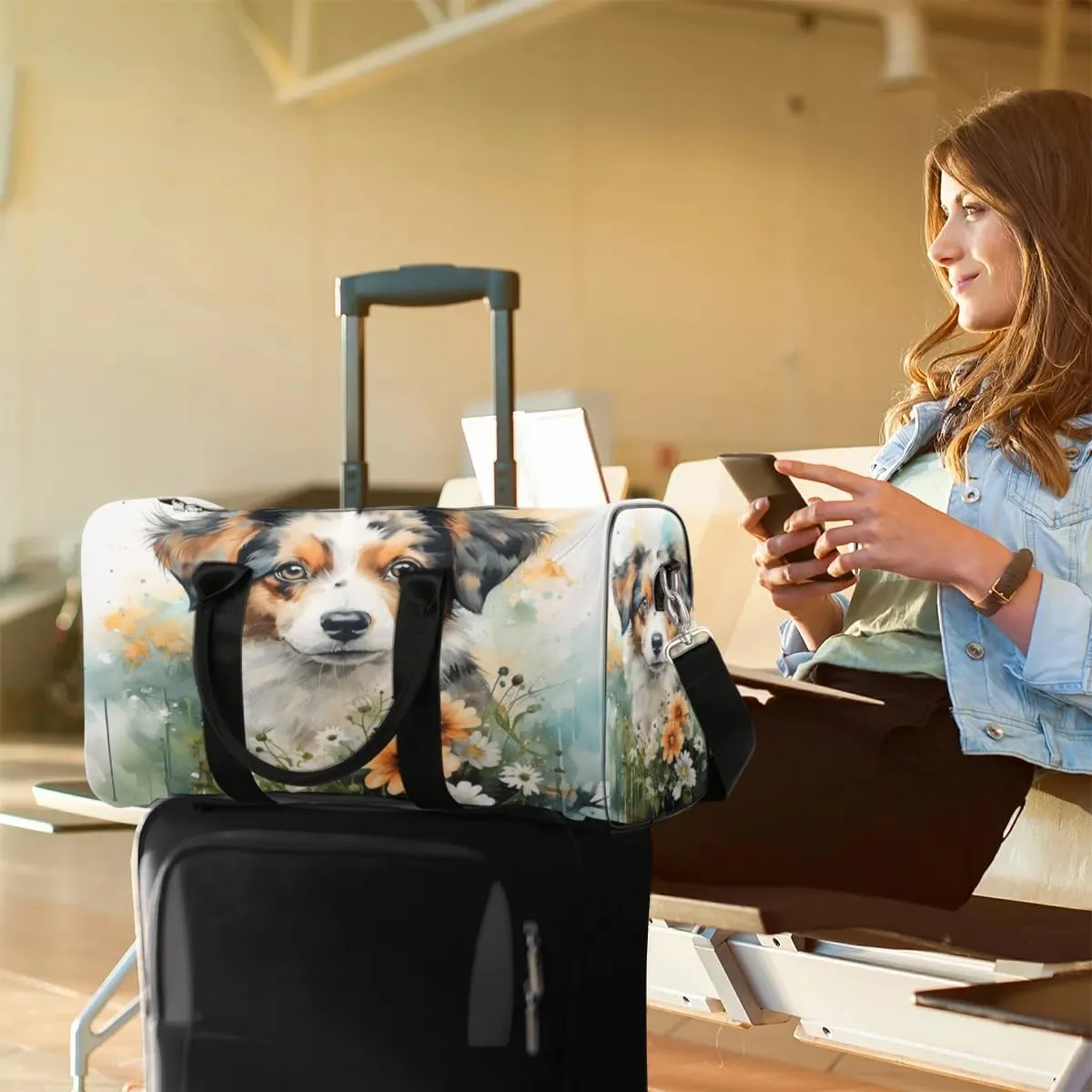 Floral Dog Travel Duffel Bag for Women Men Waterproof Foldable Overnight Weekender Bag Large Capacity Sports Gym Bag