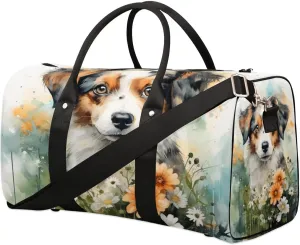 Floral Dog Travel Duffel Bag for Women Men Waterproof Foldable Overnight Weekender Bag Large Capacity Sports Gym Bag