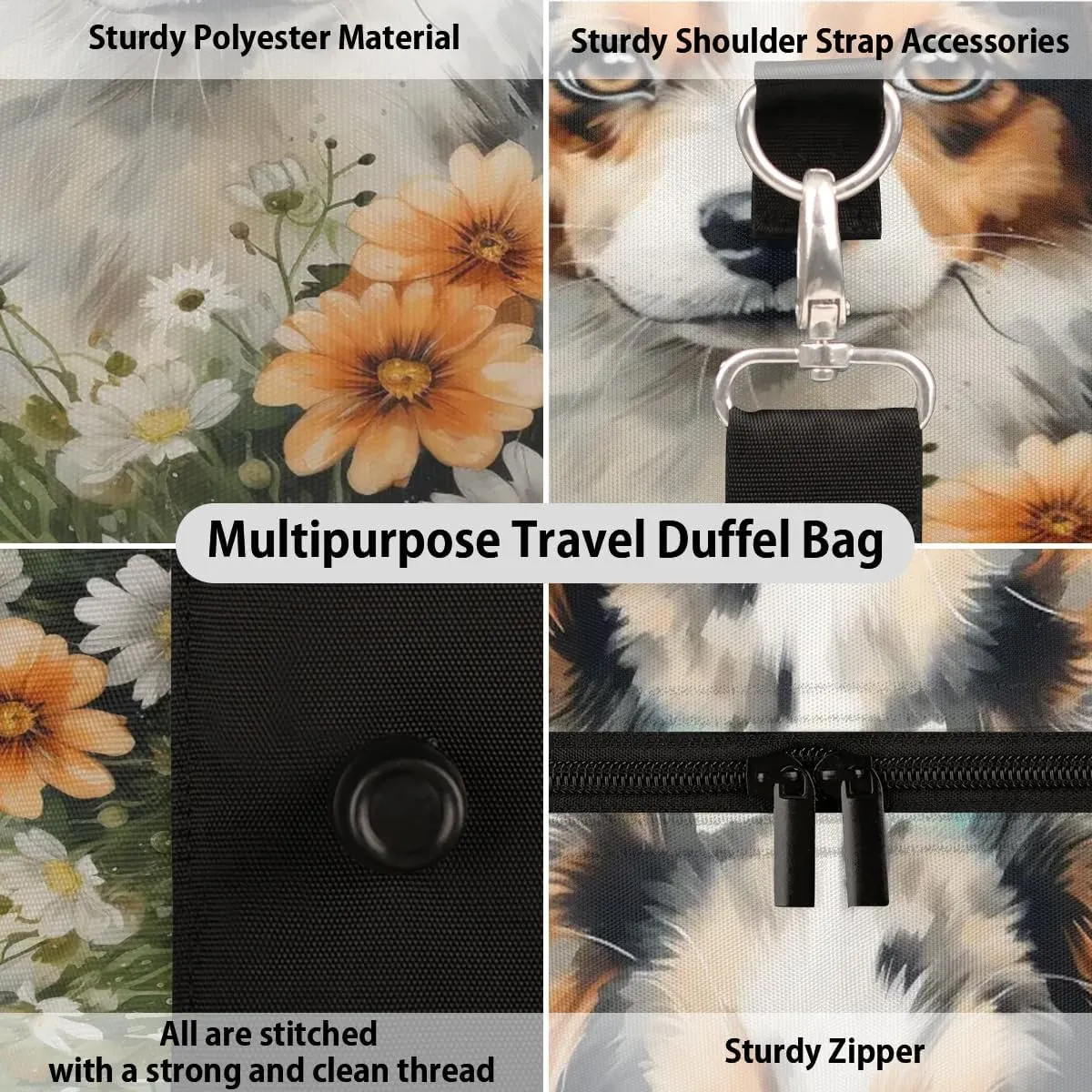 Floral Dog Travel Duffel Bag for Women Men Waterproof Foldable Overnight Weekender Bag Large Capacity Sports Gym Bag