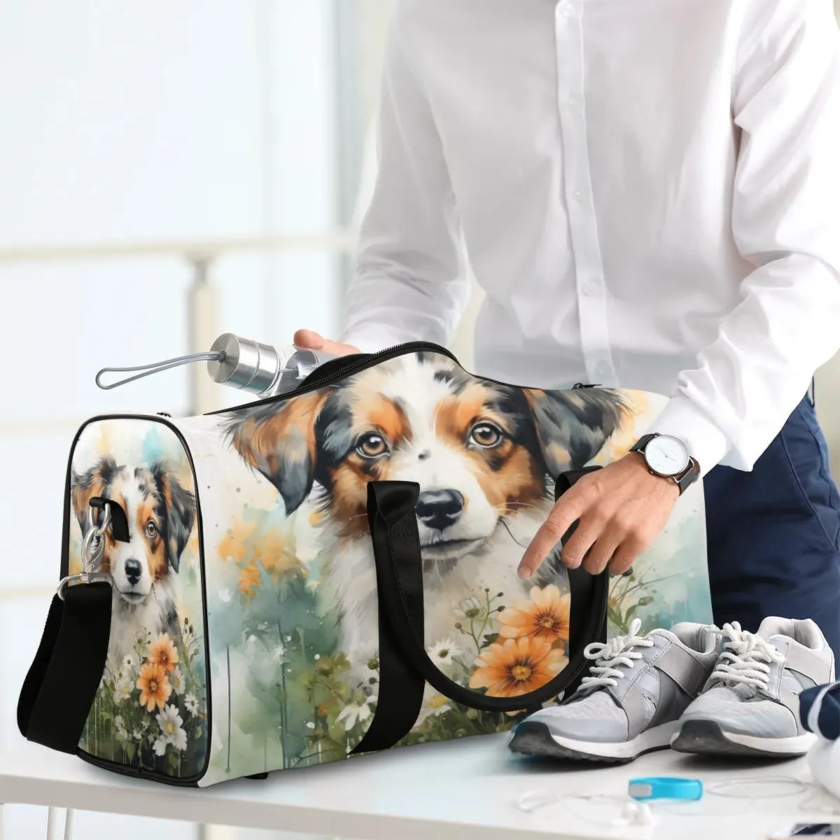 Floral Dog Travel Duffel Bag for Women Men Waterproof Foldable Overnight Weekender Bag Large Capacity Sports Gym Bag