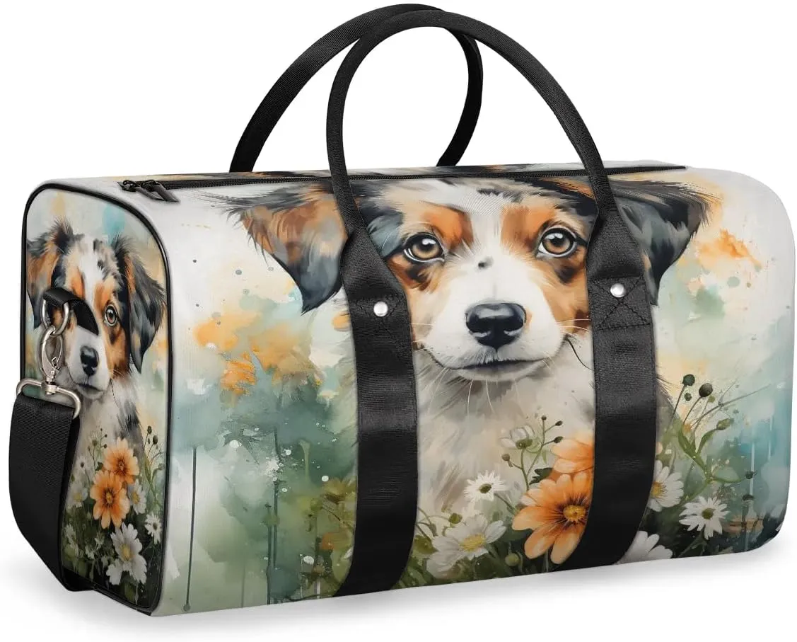 Floral Dog Travel Duffel Bag for Women Men Waterproof Foldable Overnight Weekender Bag Large Capacity Sports Gym Bag