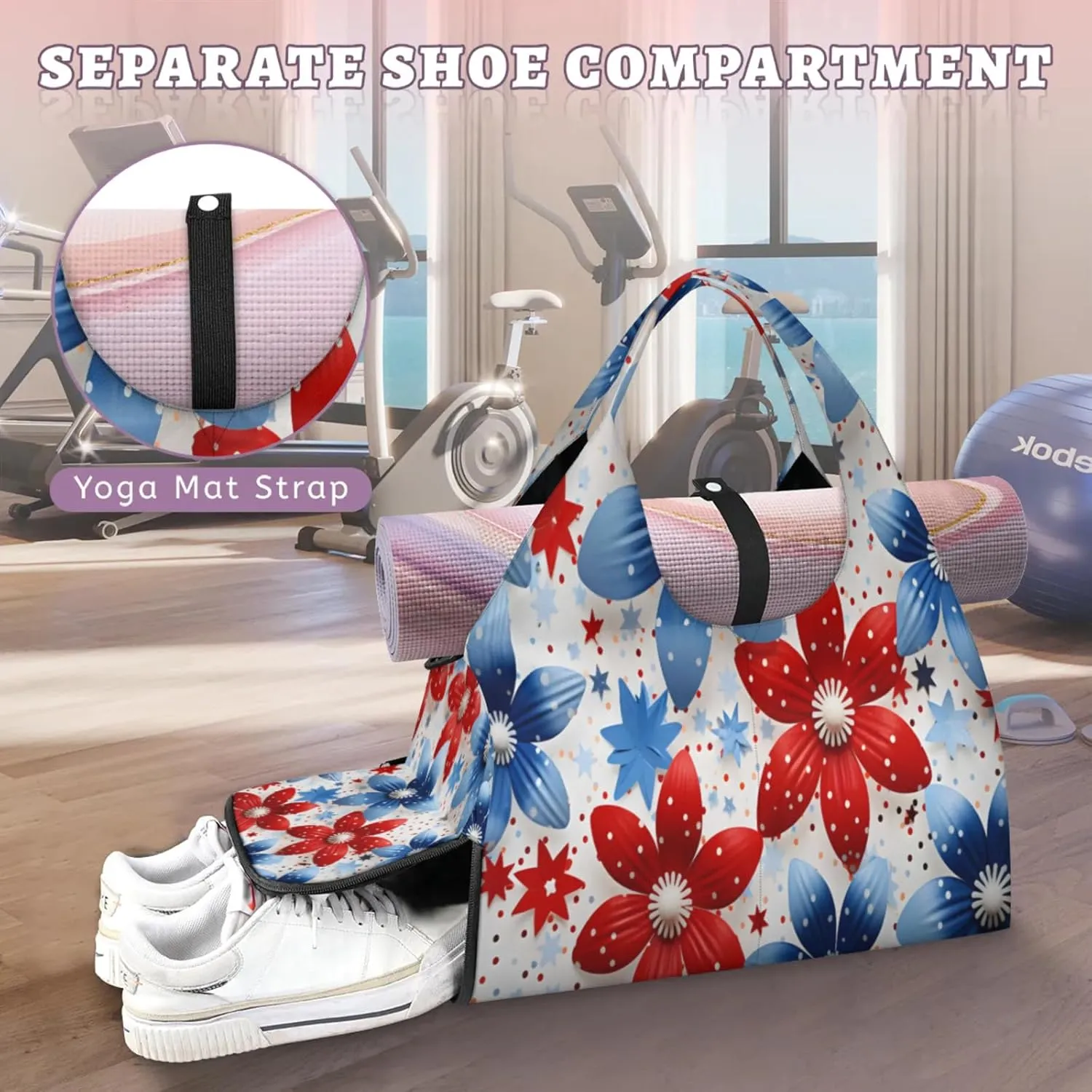 Floral Star Pattern Waterproof Gym Bag for Men Women, Sports Duffel Bag with Shoe Compartment Yoga Mat Holder, Portable Large Travel Bag for Fitness, Camping, Weekend Trips