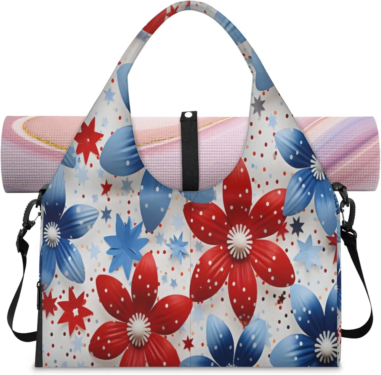 Floral Star Pattern Waterproof Gym Bag for Men Women, Sports Duffel Bag with Shoe Compartment Yoga Mat Holder, Portable Large Travel Bag for Fitness, Camping, Weekend Trips