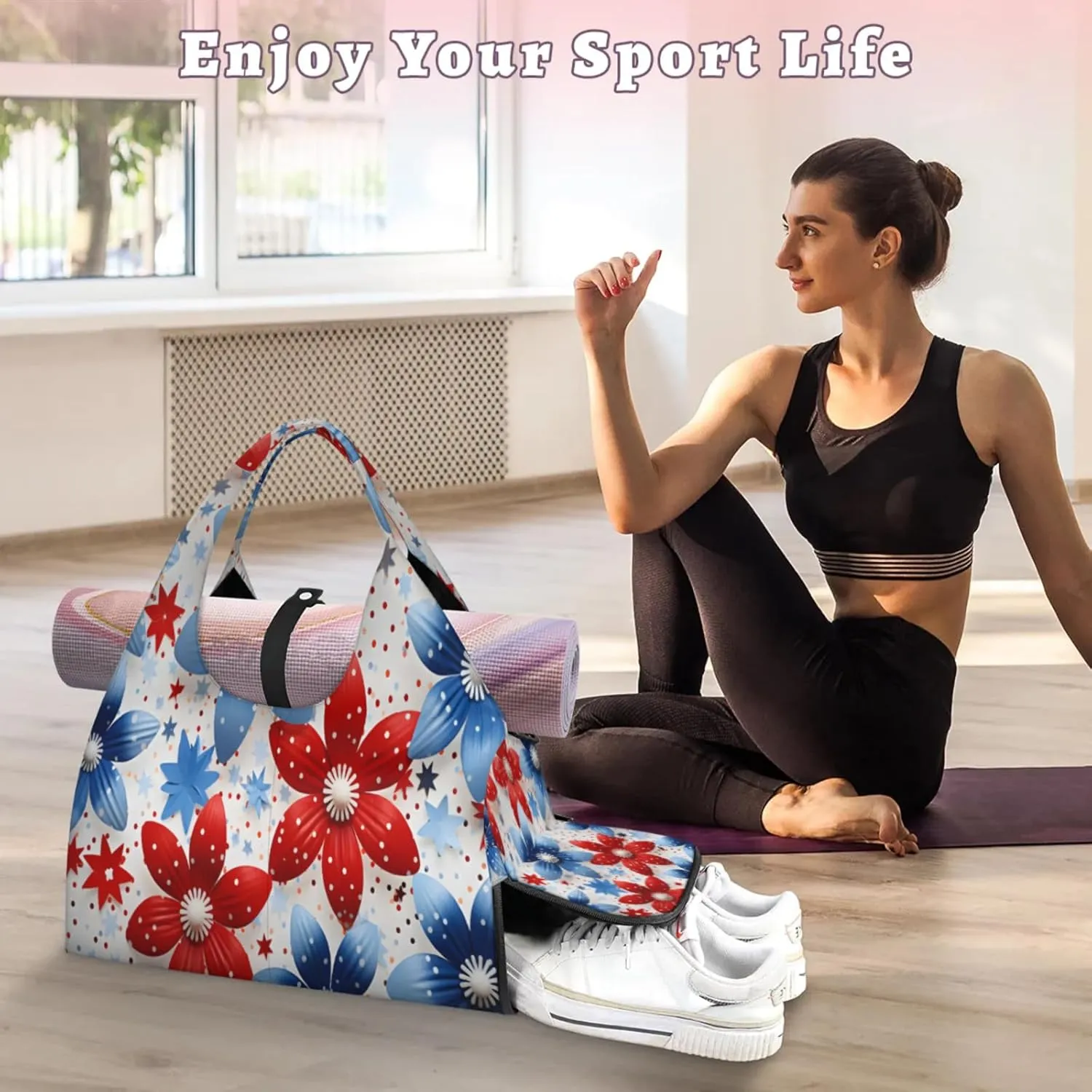 Floral Star Pattern Waterproof Gym Bag for Men Women, Sports Duffel Bag with Shoe Compartment Yoga Mat Holder, Portable Large Travel Bag for Fitness, Camping, Weekend Trips