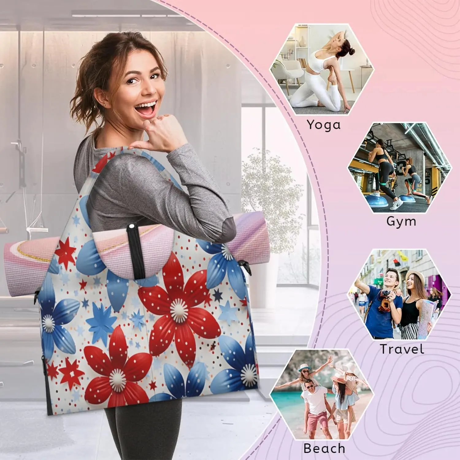 Floral Star Pattern Waterproof Gym Bag for Men Women, Sports Duffel Bag with Shoe Compartment Yoga Mat Holder, Portable Large Travel Bag for Fitness, Camping, Weekend Trips