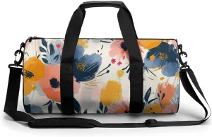 Flower Art Travel Gym Bag for Women Men Nature Floral Vintage Art Style Cylindrical Duffle Bag Sport Workout Bag with Shoulder Strap