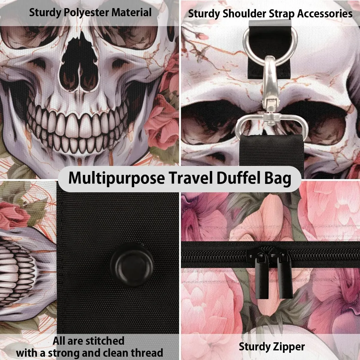 Flower skull Travel Duffel Bag for Women Men Waterproof Foldable Overnight Weekender Bag Large Capacity Sports Gym Bag