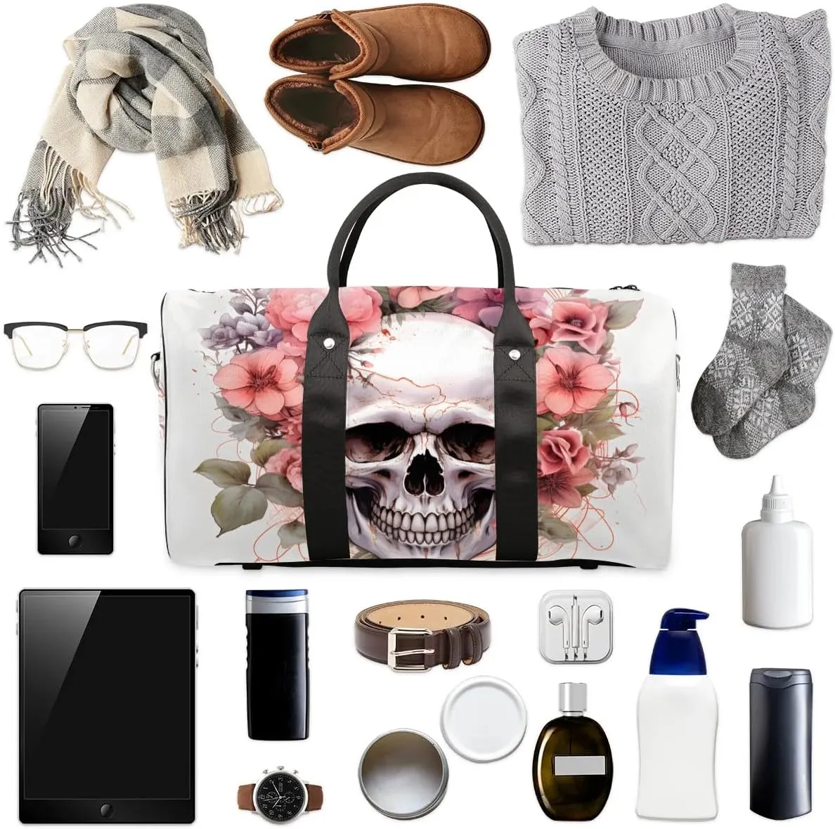 Flower skull Travel Duffel Bag for Women Men Waterproof Foldable Overnight Weekender Bag Large Capacity Sports Gym Bag