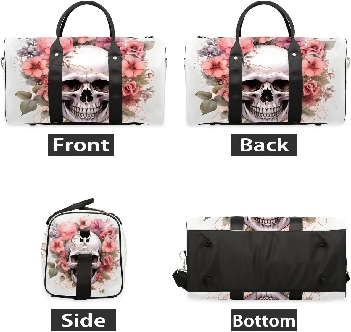 Flower skull Travel Duffel Bag for Women Men Waterproof Foldable Overnight Weekender Bag Large Capacity Sports Gym Bag