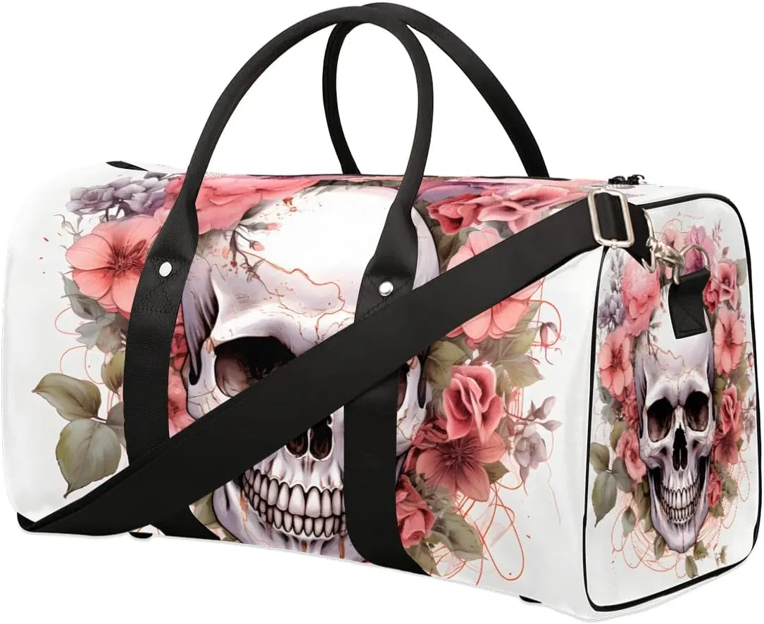 Flower skull Travel Duffel Bag for Women Men Waterproof Foldable Overnight Weekender Bag Large Capacity Sports Gym Bag