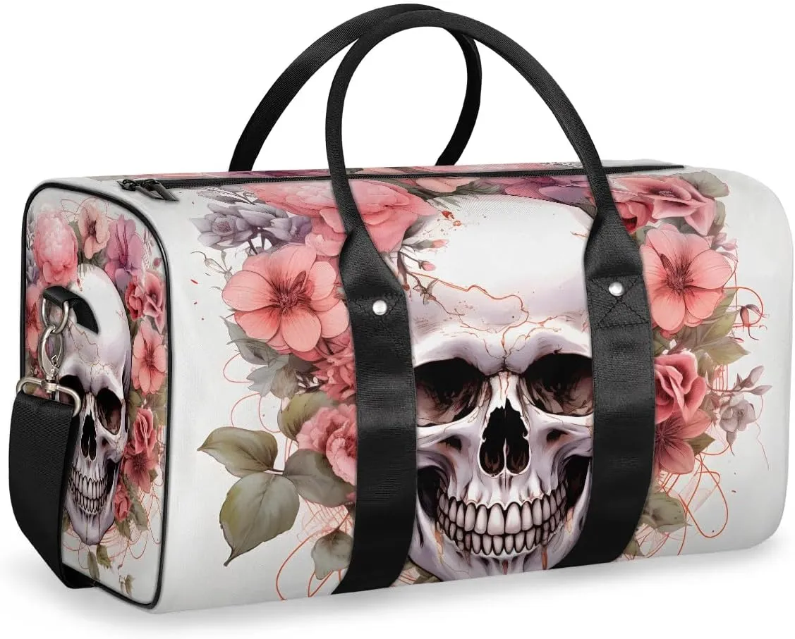 Flower skull Travel Duffel Bag for Women Men Waterproof Foldable Overnight Weekender Bag Large Capacity Sports Gym Bag