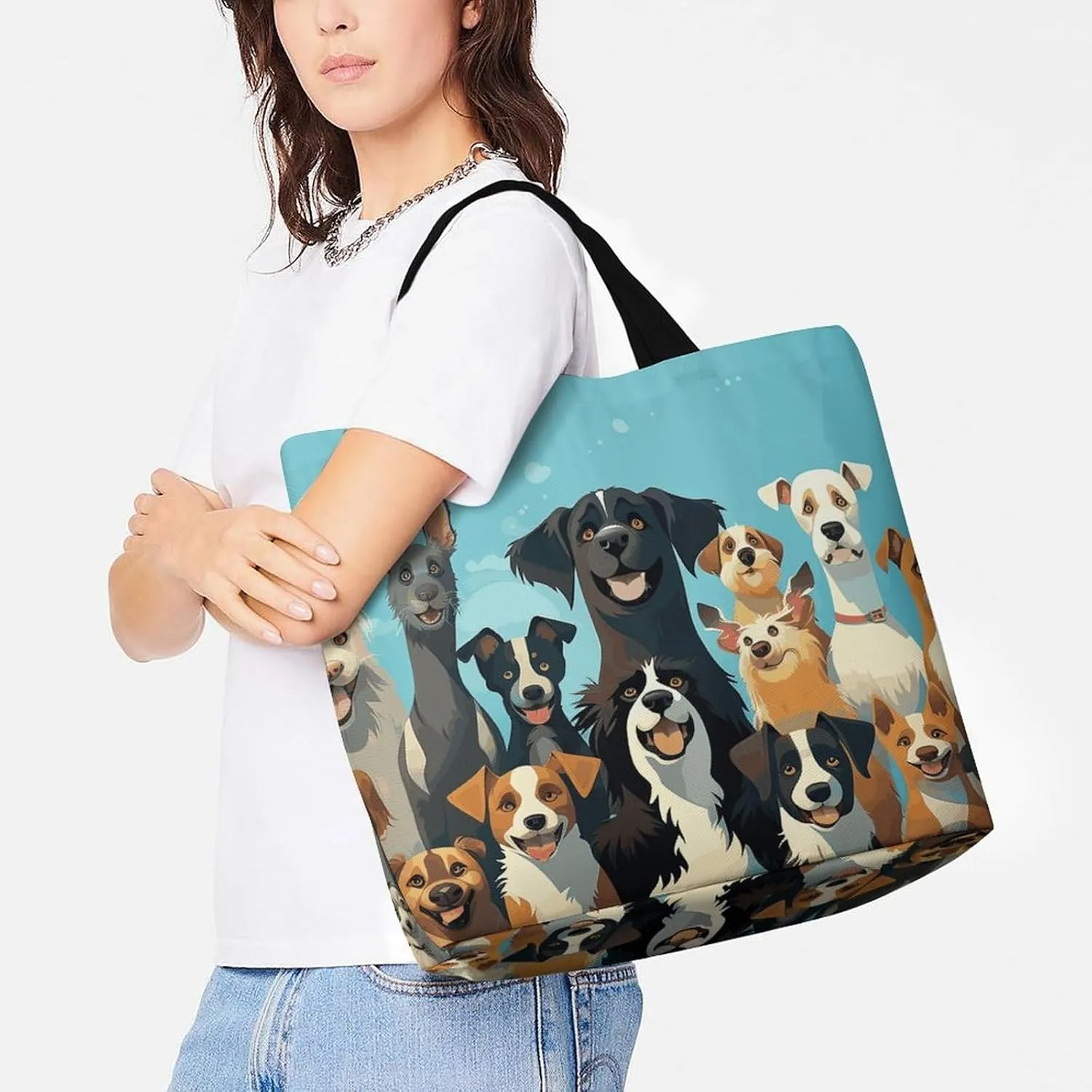 Flowers And Horses Hand Drawn Tote Bag for Women Reusable Grocery Shoulder Bag Shopping Bags for Travel, Groceries
