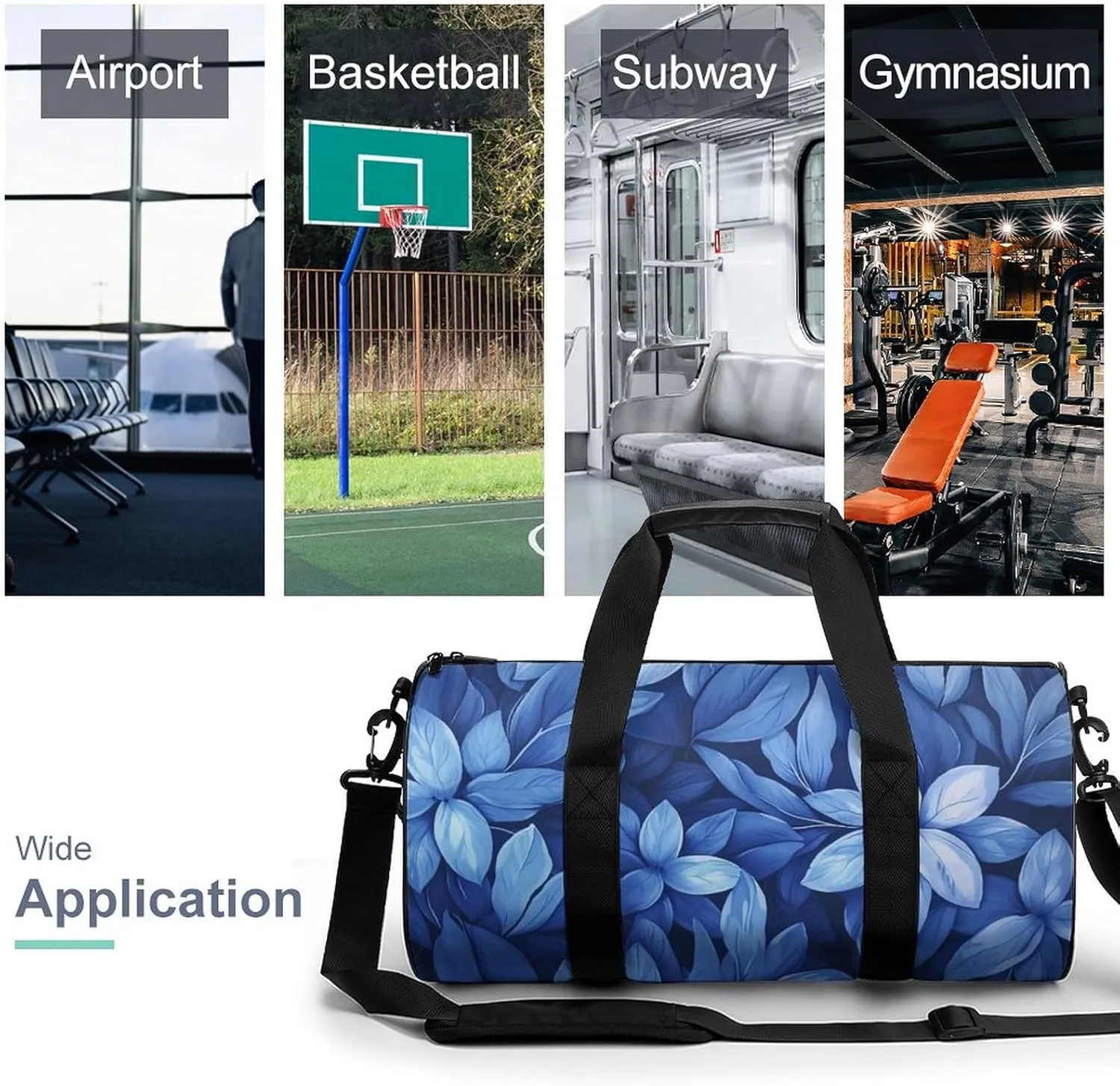 Flowers Travel Gym Bag for Women Men Blue Cylindrical Duffle Bag Sport Workout Bag with Shoulder Strap