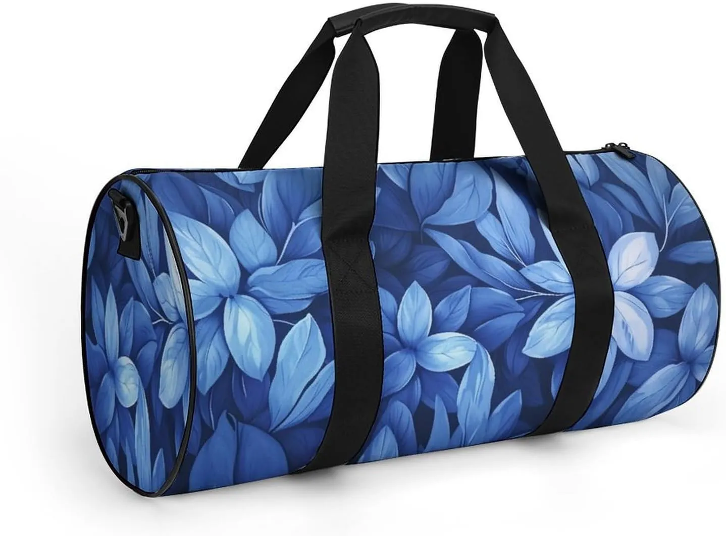 Flowers Travel Gym Bag for Women Men Blue Cylindrical Duffle Bag Sport Workout Bag with Shoulder Strap