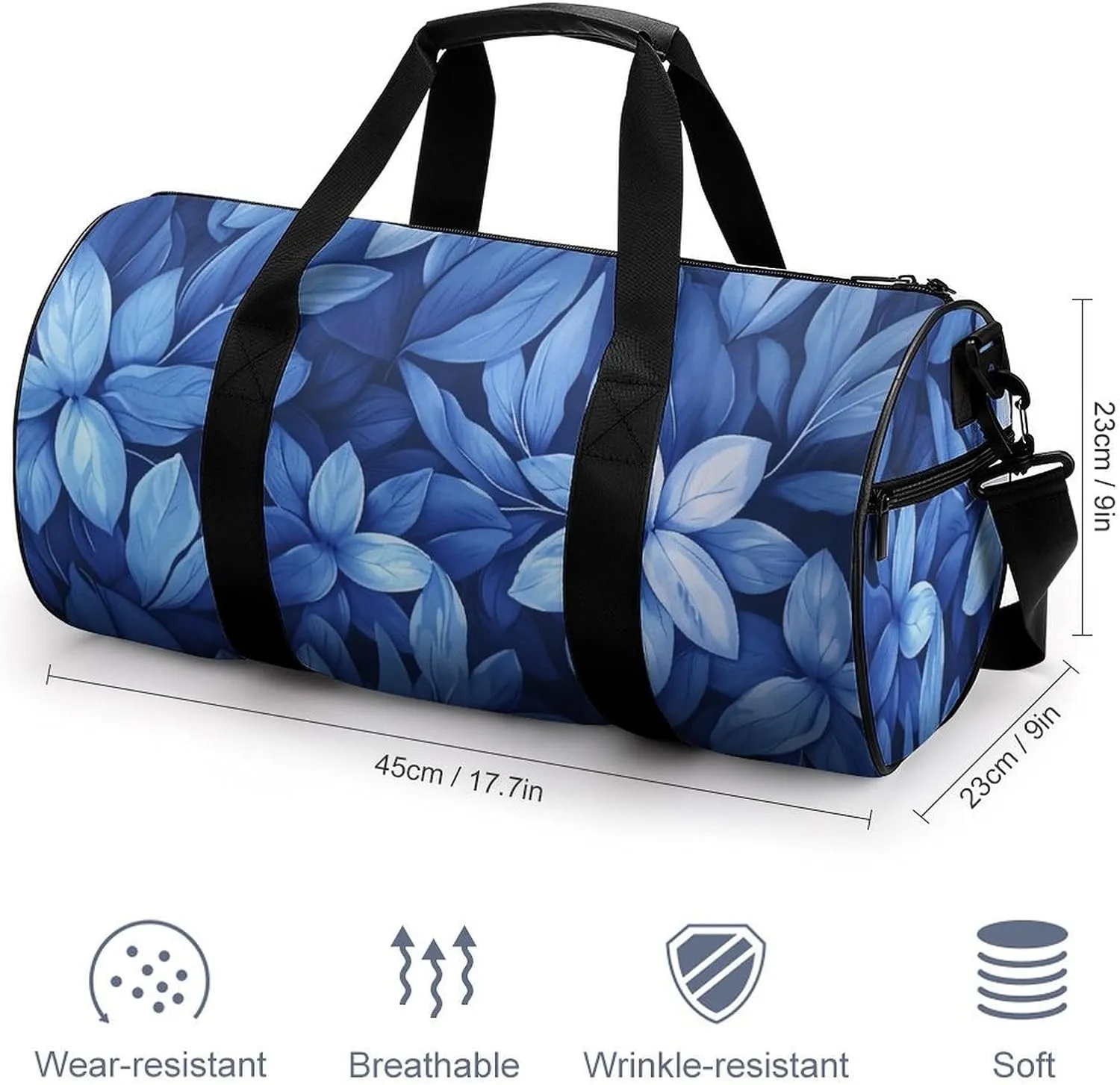 Flowers Travel Gym Bag for Women Men Blue Cylindrical Duffle Bag Sport Workout Bag with Shoulder Strap