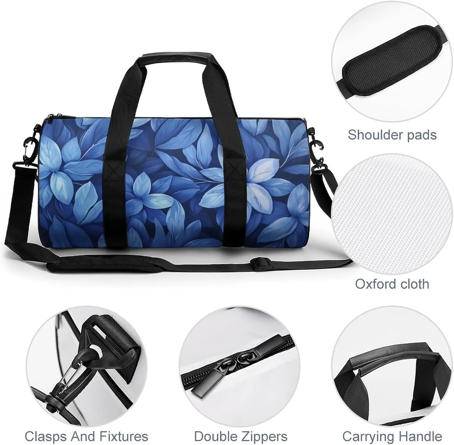 Flowers Travel Gym Bag for Women Men Blue Cylindrical Duffle Bag Sport Workout Bag with Shoulder Strap