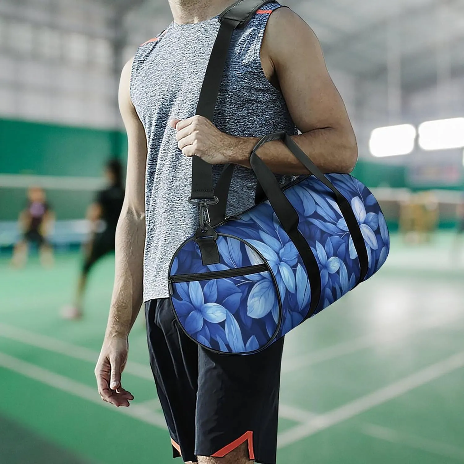 Flowers Travel Gym Bag for Women Men Blue Cylindrical Duffle Bag Sport Workout Bag with Shoulder Strap