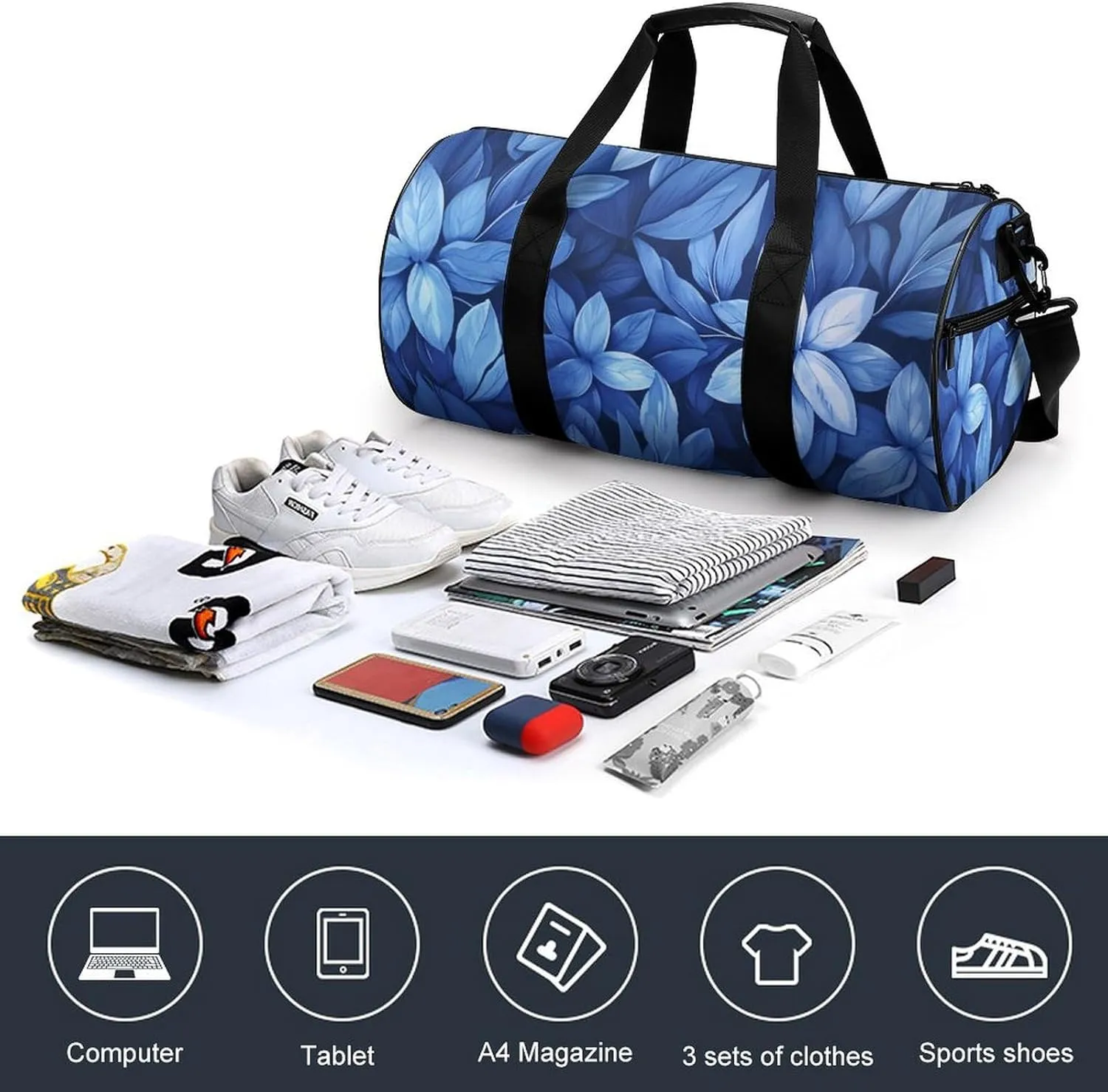 Flowers Travel Gym Bag for Women Men Blue Cylindrical Duffle Bag Sport Workout Bag with Shoulder Strap