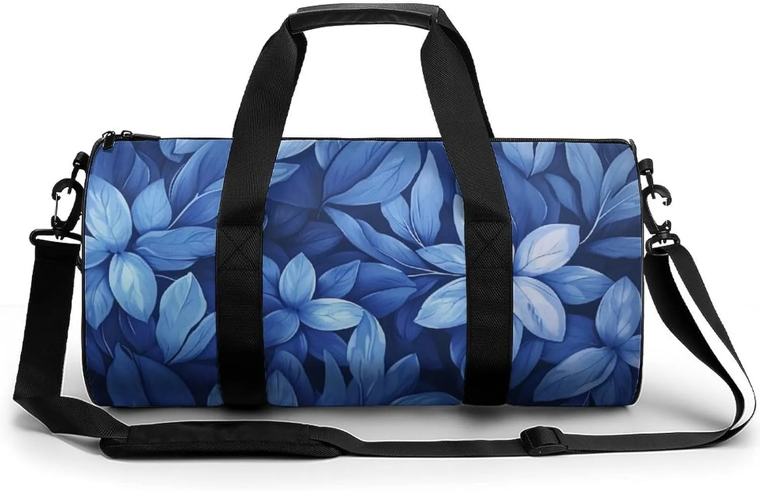 Flowers Travel Gym Bag for Women Men Blue Cylindrical Duffle Bag Sport Workout Bag with Shoulder Strap