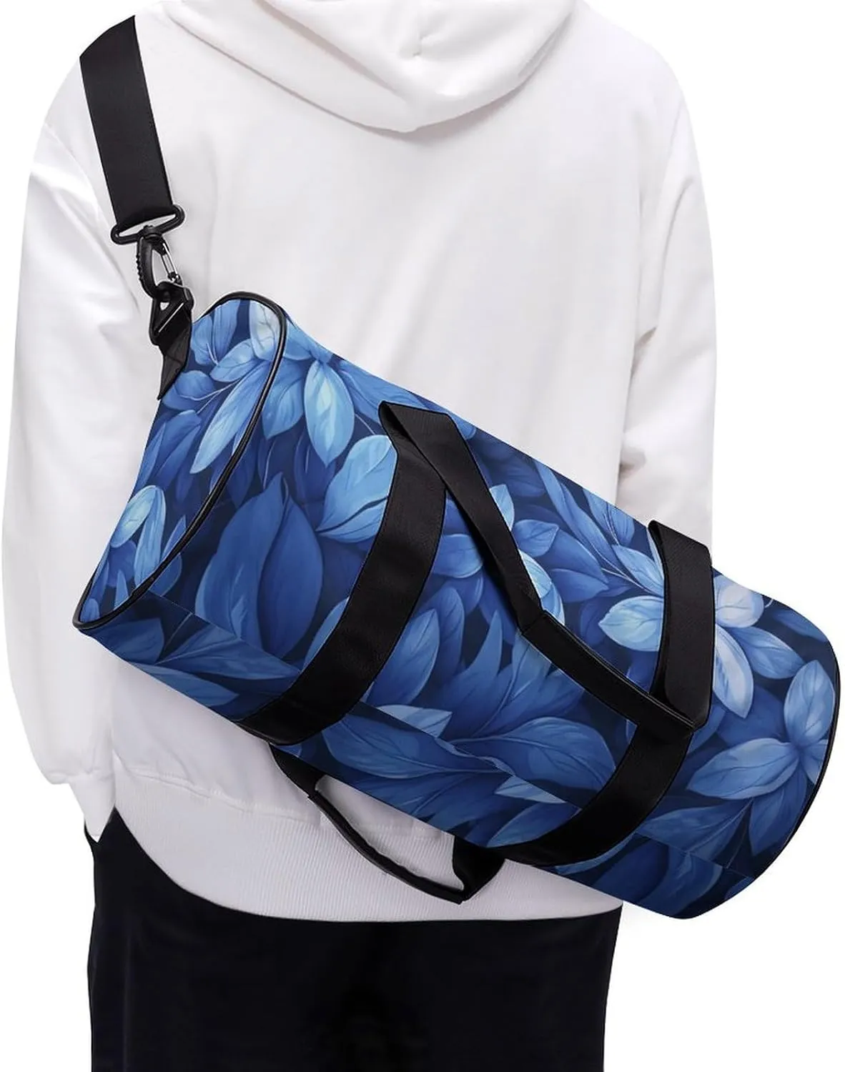 Flowers Travel Gym Bag for Women Men Blue Cylindrical Duffle Bag Sport Workout Bag with Shoulder Strap