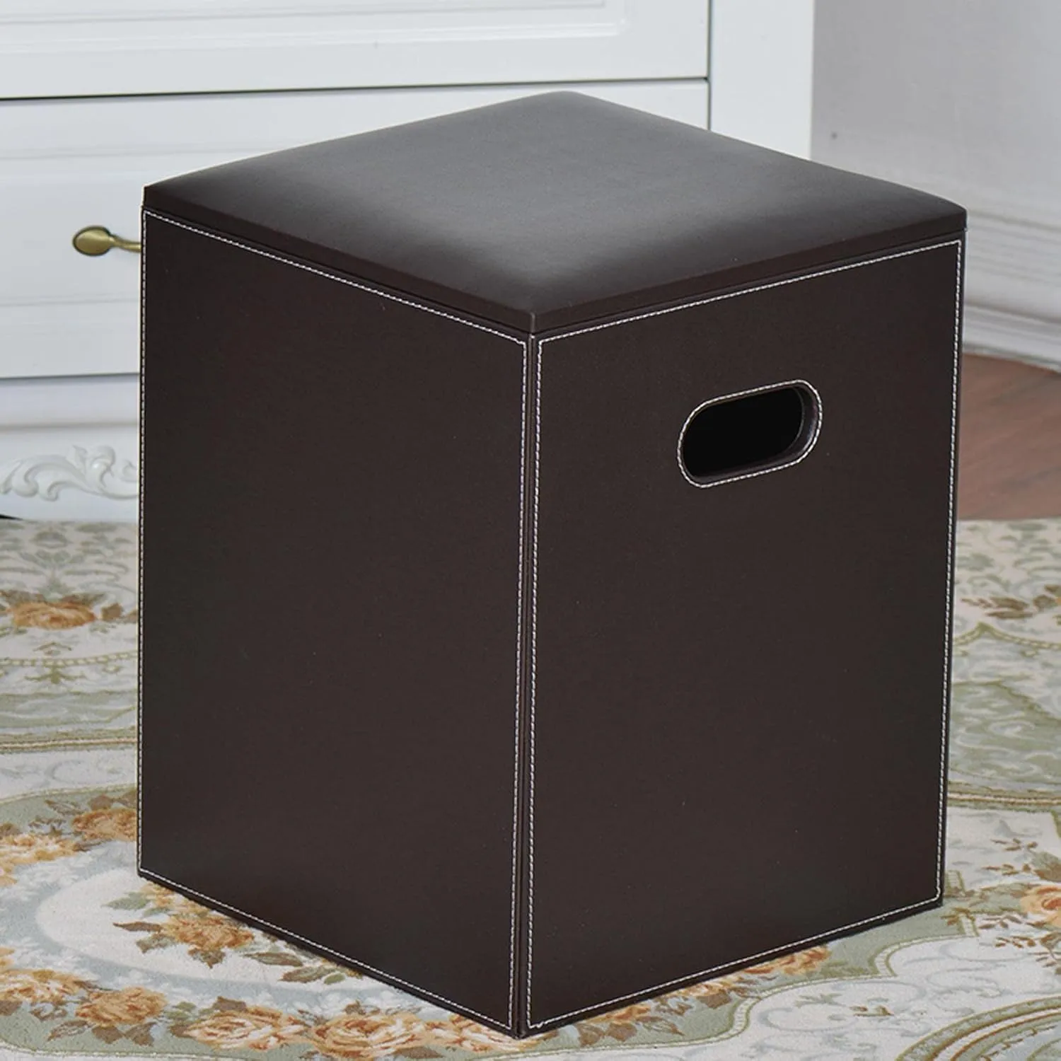 Foot Stool Shoe Change Stool Square Footstool Leather Foot stools for The Bedroom Footstools for Living Room,Brown Plain weave-30x30x40cm