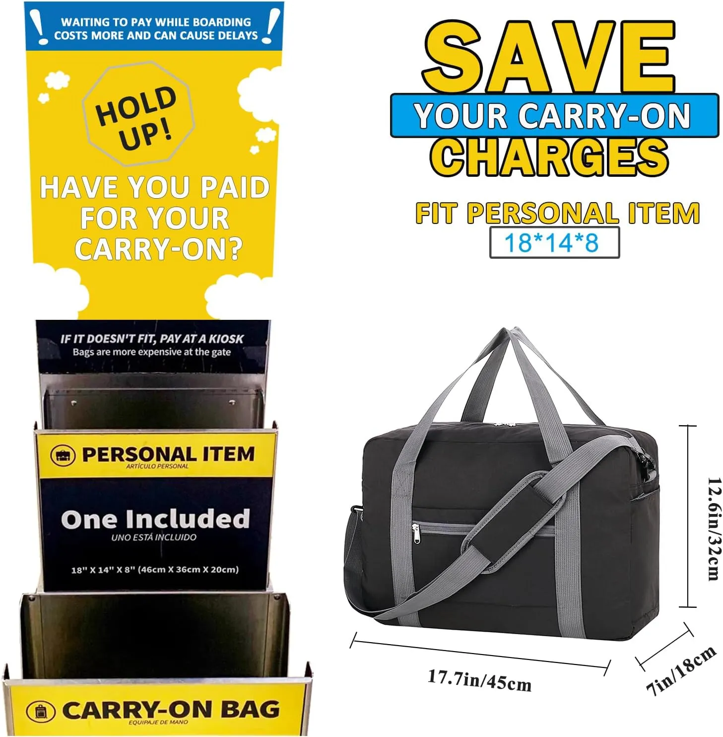 For Spirit Airlines Personal Item Bag 18x14x8 with Wet Pocket Foldable Travel Duffel Bag Underseat Carry on for Men & Women