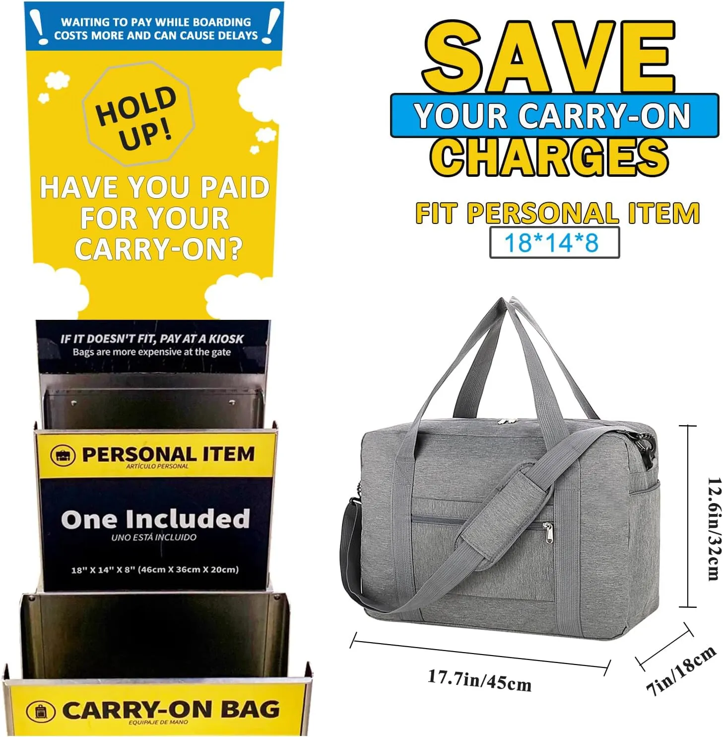 For Spirit Airlines Personal Item Bag 18x14x8 with Wet Pocket Foldable Travel Duffel Bag Underseat Carry on for Men & Women