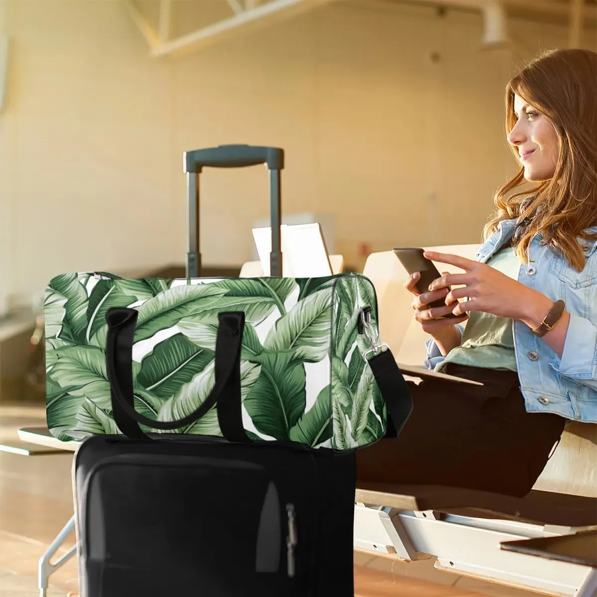 Forest Palm Tree Leaves Travel Duffel Bag for Women Men Waterproof Foldable Overnight Weekender Bag Large Capacity Sports Gym Bag