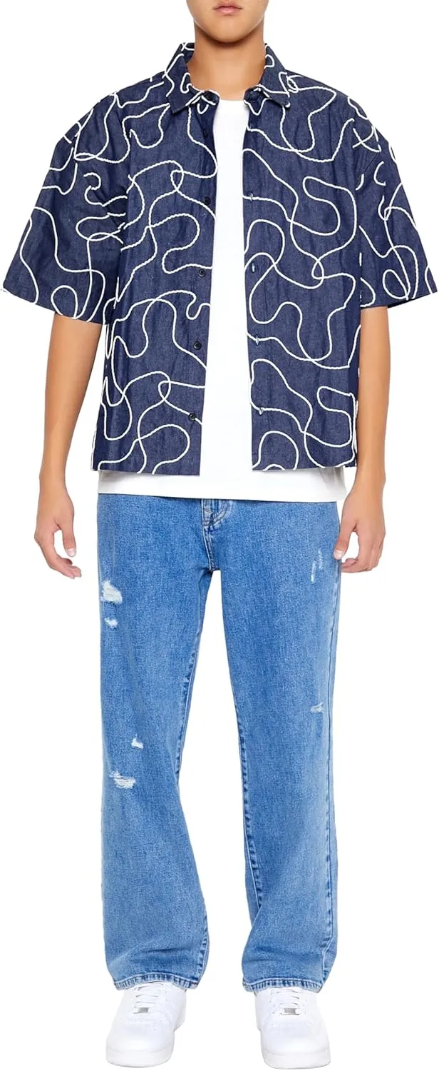 Forever 21 Men's Cropped Chain-Stitched Embroidered Shirt
