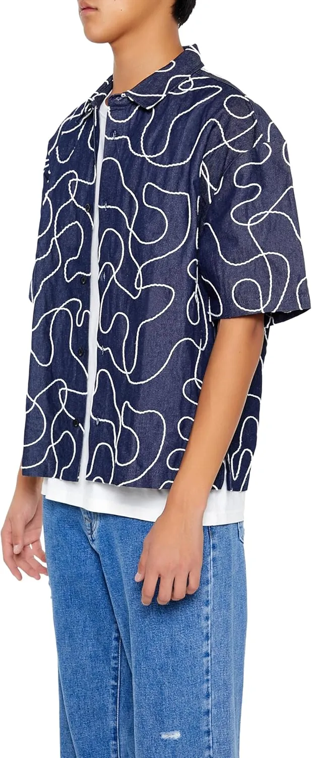 Forever 21 Men's Cropped Chain-Stitched Embroidered Shirt