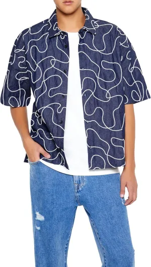Forever 21 Men's Cropped Chain-Stitched Embroidered Shirt