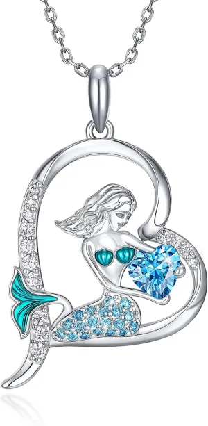 FOREVER QUEEN Mermaid Necklace for Women Girls 18K Platinum Plated Sea Blue CZ Heart Mermaid Pendant Mermaid Jewelry Gifts for Girlfriend Wife Mom Daughter
