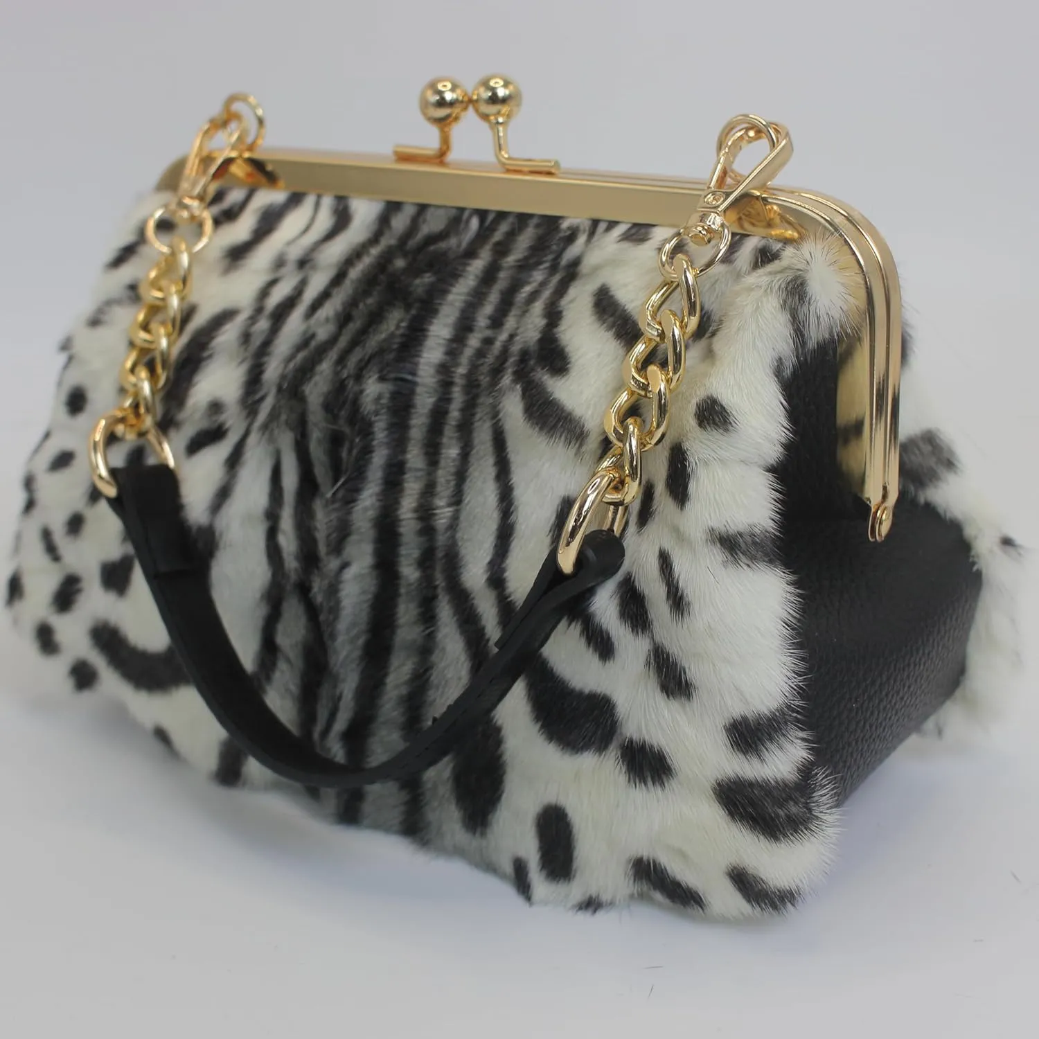 Fosrion Luxury Mink Fur Leopard Print Handbag – Small Kiss Lock Purse with Gold Chain Strap, Evening & Shoulder Bag