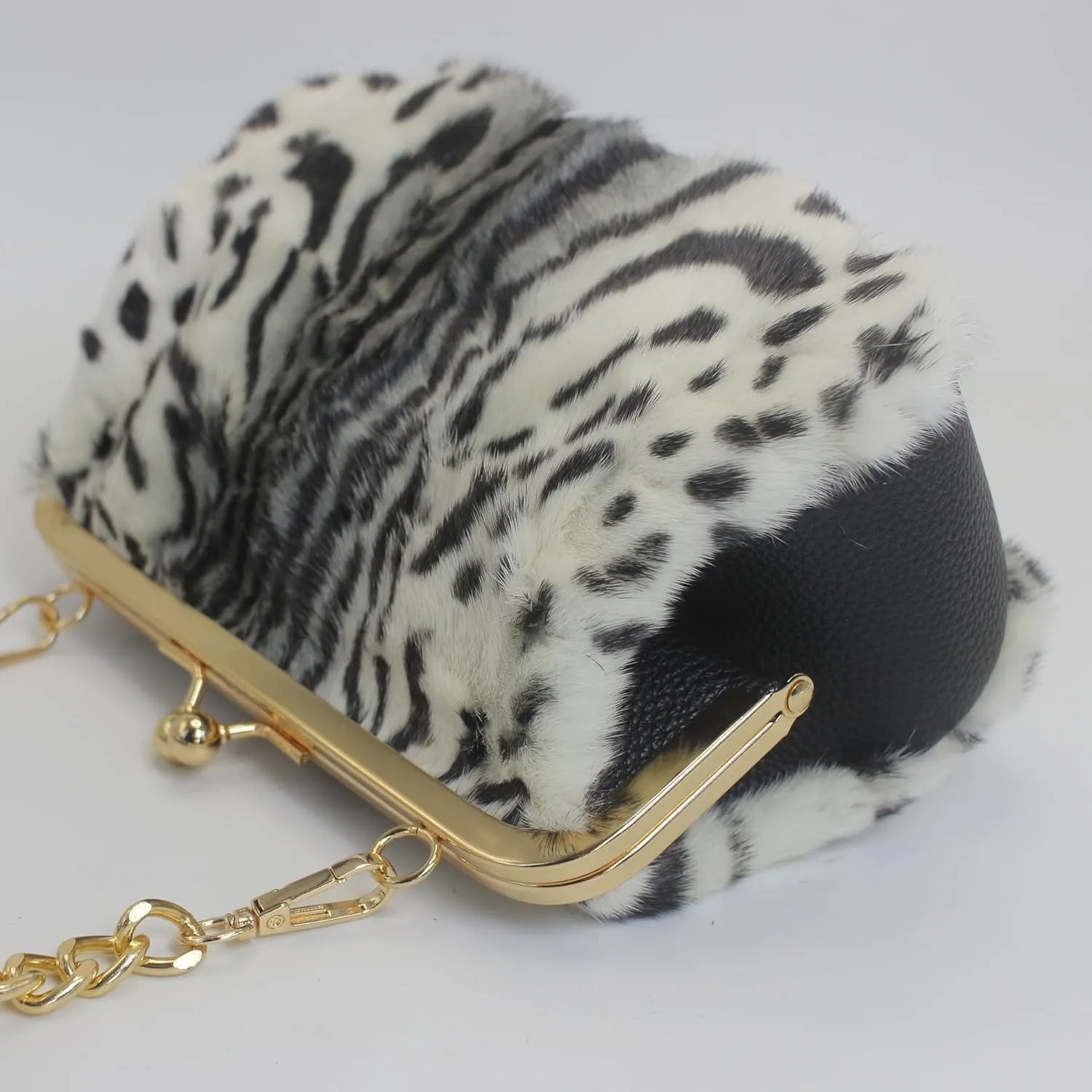 Fosrion Luxury Mink Fur Leopard Print Handbag – Small Kiss Lock Purse with Gold Chain Strap, Evening & Shoulder Bag