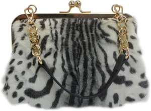 Fosrion Luxury Mink Fur Leopard Print Handbag – Small Kiss Lock Purse with Gold Chain Strap, Evening & Shoulder Bag