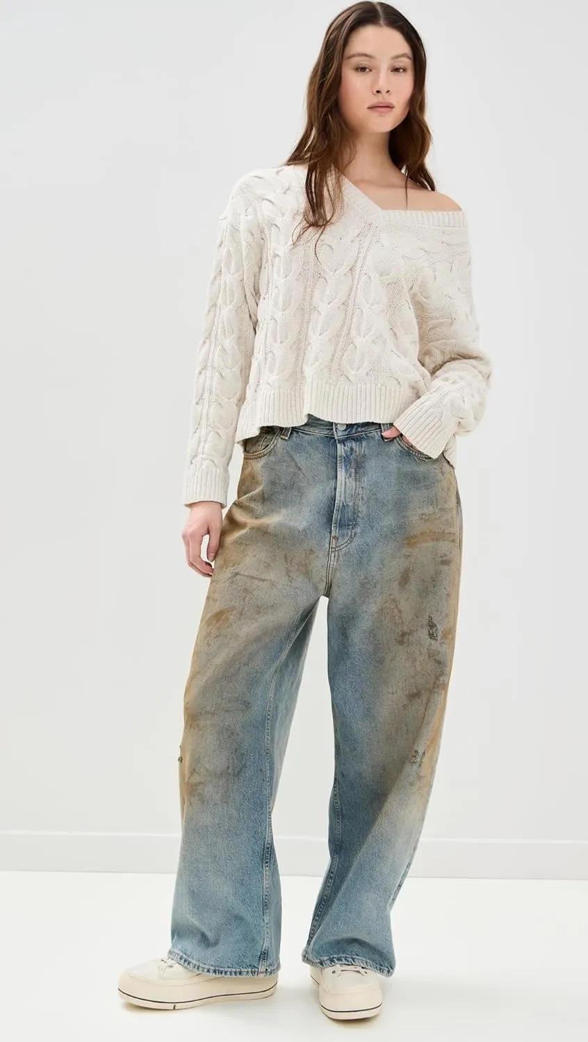 Free People Women's Washed Cable V Neck
